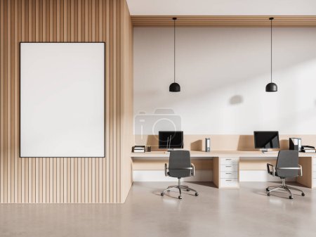 Photo for Cozy coworking room interior with shared desk and pc computers. Office workplace with minimalist furniture and mock up canvas poster on partition, concrete floor. 3D rendering - Royalty Free Image
