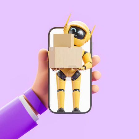 Téléchargez les photos : Cartoon homme main tenant smartphone avec livraison intelligence artificielle robot courier tenant boîtes en carton. Concept d'application de livraison de marchandises et de logistique. Rendu 3d - en image libre de droit