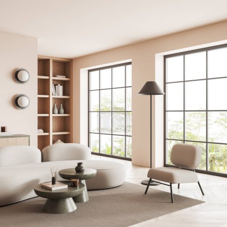 Foto de Esquina de la moderna sala de estar con paredes beige, suelo de madera, cómodo sofá blanco y sillón, dos mesas de centro redondas y librería de madera. renderizado 3d - Imagen libre de derechos