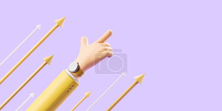 Foto de Mano de dibujos animados con el dedo apuntando hacia un lado, flechas amarillas ascendentes sobre fondo púrpura. Concepto de éxito y desarrollo personal. Copiar espacio. Renderizado 3D - Imagen libre de derechos