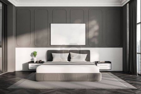 Photo for Dark bedroom interior, bed with linens on carpet, nightstand with minimalist art decoration, panoramic window on city skyscrapers, hardwood floor. Mock up canvas poster. 3D rendering - Royalty Free Image