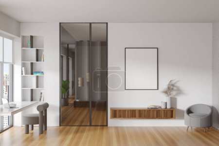Photo for White living room interior with work zone with laptop, floating dresser with decoration and armchair in the corner, hardwood floor. Panoramic window and mock up canvas poster, 3D rendering - Royalty Free Image
