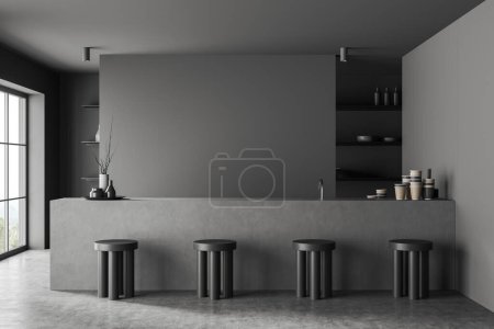 Photo for Front view on modern dark cafe interior with empty grey wall, panoramic window, coffee cups, bar counter with barstools, shelf with crockery, concrete floor. Concept of minimalist design. 3d rendering - Royalty Free Image