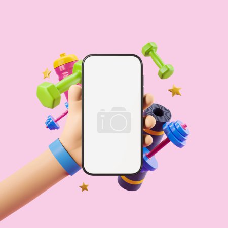 Photo for Cartoon hand with big smartphone mock up screen. Different workout equipment set on pink background. Concept of mobile app and tracking. 3D rendering - Royalty Free Image