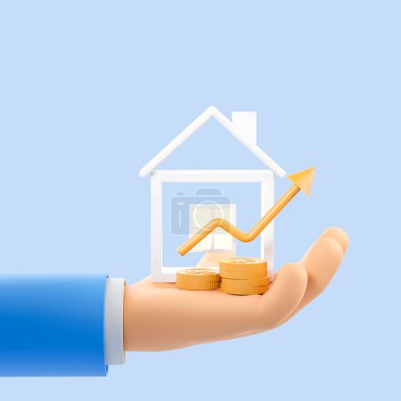 Photo for Cartoon hand with gold coins and rising arrow, house on light blue background. Concept of investment and real estate. 3D rendering - Royalty Free Image