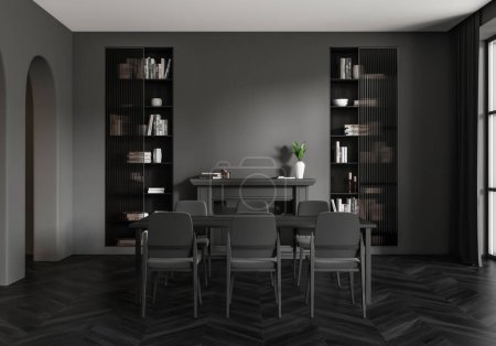 Téléchargez les photos : Intérieur sombre de la salle à manger avec table et chaises, étagère avec livres et décoration artistique. Cheminée, fenêtre et parquet noir. rendu 3D - en image libre de droit
