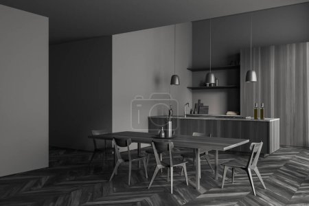 Foto de Interior de la cocina oscura con mesa y sillas, vista lateral, isla bar en piso de madera negra. Cocina y comedor con decoración. Renderizado 3D - Imagen libre de derechos