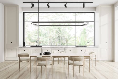 Foto de Elegante cocina interior con mesa de comedor y sillas en suelo de madera. Zona de cocina y menaje de cocina minimalista, ventana panorámica en los trópicos. Renderizado 3D - Imagen libre de derechos