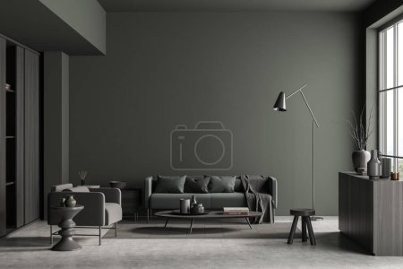 Photo for Dark living room interior with sofa and armchair, coffee table and drawer with art decoration, carpet on grey concrete floor. Panoramic window and mockup copy space wall, 3D rendering - Royalty Free Image