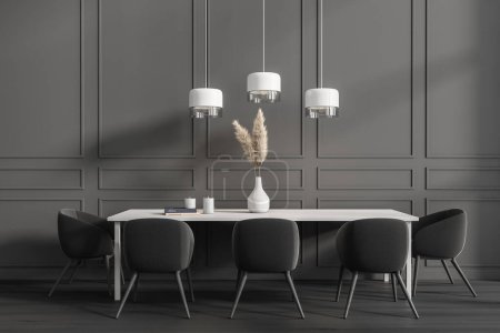 Foto de Interior oscuro de la sala de estar con mesa y sillas en el suelo de madera. Zona de reuniones minimalista con decoración y lámparas. Renderizado 3D - Imagen libre de derechos