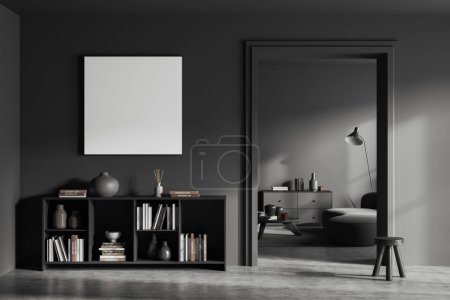 Photo for Dark living room interior with sofa and coffee table, chill zone and drawer with books on grey concrete floor. Mock up square canvas poster. 3D rendering - Royalty Free Image