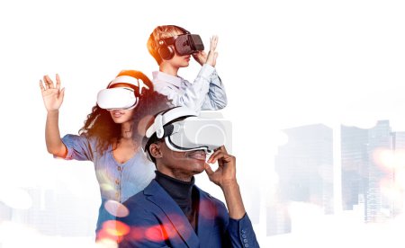 Photo for Multinational business people wearing vr glasses headset, hands touching something, New York cityscape silhouette on background. Concept of teamwork and virtual reality - Royalty Free Image