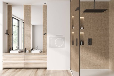 Téléchargez les photos : Intérieur salle de bain blanche avec douche et double lavabo, parquet. Accessoires de bain élégants. Fenêtre panoramique sur les tropiques. rendu 3D - en image libre de droit