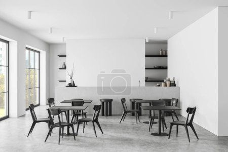 Téléchargez les photos : Vue de face sur moderne intérieur lumineux café avec quatre tables avec chaises, mur blanc vide, fenêtre panoramique, comptoir de bar avec tabouret de bar, étagère, sol en béton. Concept de design minimaliste. Rendu 3d - en image libre de droit