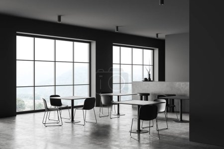 Téléchargez les photos : Vue en angle sur l'intérieur moderne du café sombre avec quatre tables avec chaises, mur gris, fenêtre panoramique, comptoir de bar avec tabouret de bar, étagère, sol en béton. Concept de design minimaliste. Rendu 3d - en image libre de droit