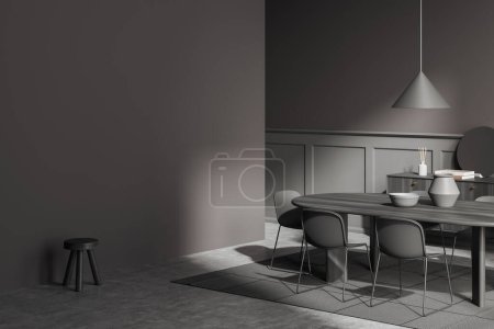 Photo for Brown living room interior with dining table and chairs, side view, carpet on grey concrete floor. Dresser with decoration and stool. Mockup empty wall. 3D rendering - Royalty Free Image