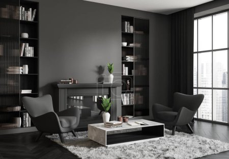 Photo for Dark meeting room interior with two armchairs, side view, coffee table, fireplace and shelf with books. Panoramic window on city skyscrapers. Mockup empty grey wall, 3D rendering - Royalty Free Image