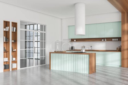 Photo for White kitchen interior with bar island, side view, shelf with decoration and kitchenware on deck, grey tile floor. Stylish cooking room with panoramic window. 3D rendering - Royalty Free Image