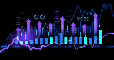 Photo for Business analytics with key performance indicators hologram, growing arrows and bar chart with numbers, digital marketing. Concept of infographics, statistics and profit - Royalty Free Image