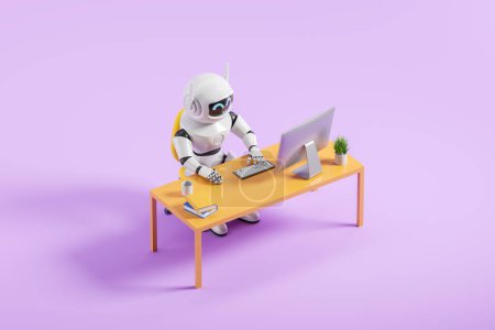 Photo for Top view of white artificial intelligence robot using computer sitting at office table over purple background. Concept of machine learning and employment. 3d rendering - Royalty Free Image