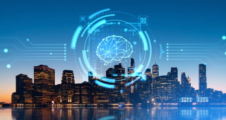 Foto de Paisaje urbano de Nueva York por la noche, Manhattan y cerebro brillante futurista con líneas digitales conectadas y sistema de escaneo. Concepto de ciudad inteligente y tecnologías futuristas - Imagen libre de derechos