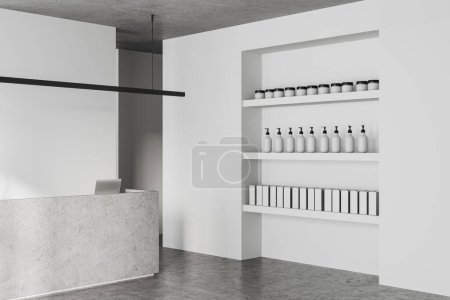 Photo for Interior of modern barbershop with white walls, concrete floor, massive reception counter with computer on it and shelves with cosmetic products. 3d rendering - Royalty Free Image