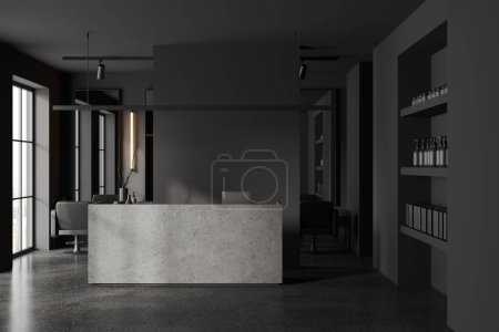 Photo for Interior of stylish barbershop with gray walls, concrete floor, massive reception counter with computer on it and client chairs with mirrors in background. 3d rendering - Royalty Free Image