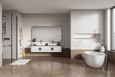 Téléchargez les photos : White and beige hotel bathroom interior with bathtub, double sink and douche behind glass doors. Luxury bathing room with accessories and panoramic window. 3D rendering - en image libre de droit