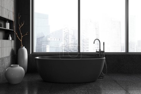 Foto de Cuarto de baño interior oscuro con bañera, espacio de baño minimalista con decoración y accesorios, piso de hormigón de baldosas grises. Ventana panorámica de los rascacielos de Singapur. Renderizado 3D - Imagen libre de derechos