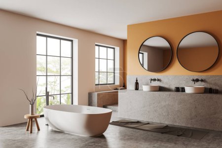 Téléchargez les photos : Salle de bain intérieure blanche et orange avec baignoire et double lavabo, vue latérale sol en béton gris. Coin de bain à la maison appartement. Fenêtre panoramique sur les tropiques. rendu 3D - en image libre de droit
