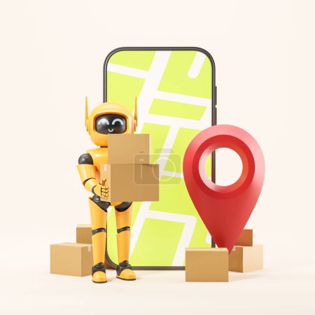 Téléchargez les photos : Boîtes à courrier robot à intelligence artificielle jaune se tenant près d'un grand smartphone avec carte à l'écran et grande broche géotag rouge. Concept d'application de livraison de marchandises et de navigation. Rendu 3d - en image libre de droit