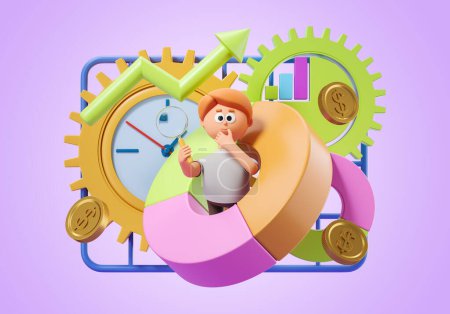 Photo for 3d rendering. Cartoon character man working with search and business analysis, gears and financial statistics on purple background. Concept of optimization illustration - Royalty Free Image