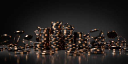 Photo for Stack of casino black and golden poker chips on dark empty copy space. Falling coins on background. Concept of online gaming, win and luck. 3D rendering illustration - Royalty Free Image