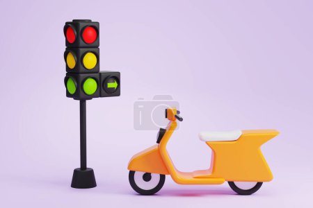 Foto de Semáforo con tres colores y motocicleta, flecha verde adicional y espacio de copia de fondo púrpura. Concepto de dirección, control de carreteras y normas de conducción. Ilustración de representación 3D - Imagen libre de derechos