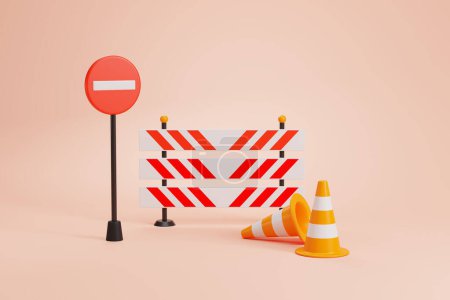 Photo for Stop sign and cones with stripped barrier, road construction and repair, empty light pink copy space background. Concept of traffic closed. 3D rendering illustration - Royalty Free Image