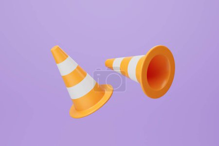 Foto de Dos conos de plástico pelados en colores amarillo y blanco volando sobre fondo púrpura. Concepto de obras viales, construcción y tráfico. Ilustración de representación 3D - Imagen libre de derechos