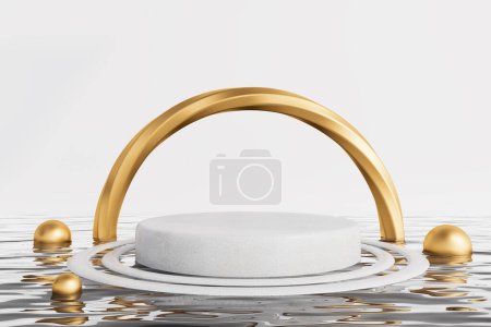 Foto de Vista de la plataforma de visualización del producto redondo blanco en agua con arco dorado sobre fondo blanco. Concepto de publicidad y colocación de productos. 3d renderizado, espacio de copia - Imagen libre de derechos