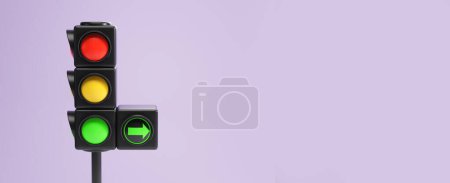 Foto de Semáforo con tres colores y flecha verde adicional en el espacio de copia vacío fondo púrpura. Concepto de dirección, control, transporte y normas de conducción. Ilustración de representación 3D - Imagen libre de derechos