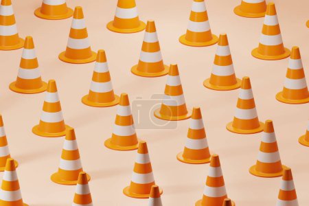 Foto de Fila de vista superior de conos de plástico pelados en colores naranja y blanco sobre fondo beige. Concepto de obras viales, construcción y tráfico. Ilustración de representación 3D - Imagen libre de derechos
