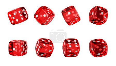 Photo for Set of eight red glass dice with white dots showing different numbers on empty background. Concept of online gambling, chance and random luck. 3D rendering illustration - Royalty Free Image
