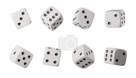 Foto de Conjunto de ocho dados blancos con puntos negros en fila, mostrando diferentes números en el fondo vacío en blanco. Concepto de casino, juego y suerte. Ilustración de representación 3D - Imagen libre de derechos