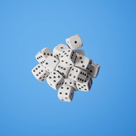 Photo for Pile of white dice with black dots hanging in the air, different numbers on blue background. Concept of casino, gambling, game and win. 3D rendering illustration - Royalty Free Image