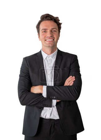 Photo for Happy businessman smiling in black formal suit, looking at the camera, arms crossed. Isolated over white background. Concept of business success, leadership and development - Royalty Free Image