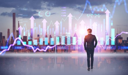 Photo for Businessman back view with New York Manhattan skyline mirrored. Bar chart and growing arrows, lines with numbers. Concept of business analysis, digital marketing and performance - Royalty Free Image
