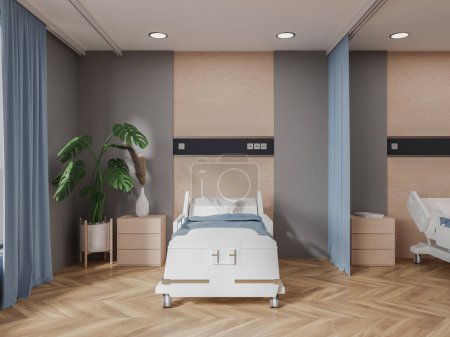 Foto de Interior de la elegante sala de hospital con paredes de color gris claro y madera, suelo de madera, cómoda cama con manta azul y mesita de noche de madera. renderizado 3d - Imagen libre de derechos