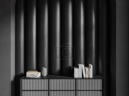 Foto de Interior de la elegante sala de estar con paredes de madera gris y oscura y elegante vestidor gris con libros y jarrón de pie sobre ella. renderizado 3d - Imagen libre de derechos