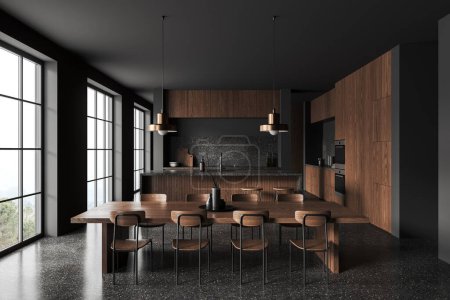 Foto de Interior de la cocina de casa oscura y de madera con isla de bar, mesa de comedor y sillas. Moderna zona de comedor con espacio para cocinar, estantes y ventana panorámica al campo. Renderizado 3D - Imagen libre de derechos