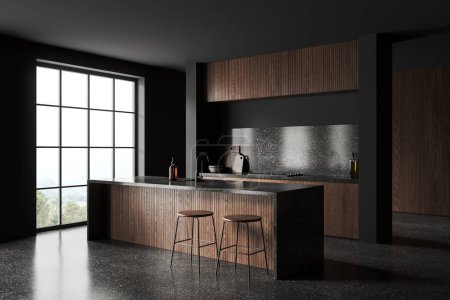 Photo for Dark home kitchen interior with quartz bar island, side view grey concrete floor. Eating and cooking corner with stool, shelves and panoramic window on countryside. 3D rendering - Royalty Free Image