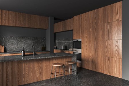 Photo for Corner of stylish kitchen with gray walls, stone floor, stone and wooden bar counter with built in sink, stools and wooden cabinets. 3d rendering - Royalty Free Image