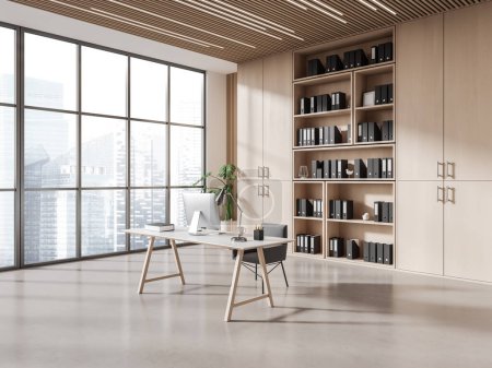Foto de Interior de la moderna oficina CEO con paredes blancas y de madera, piso de hormigón, mesa de ordenador con silla, librería de madera con carpetas y ventana panorámica. renderizado 3d - Imagen libre de derechos
